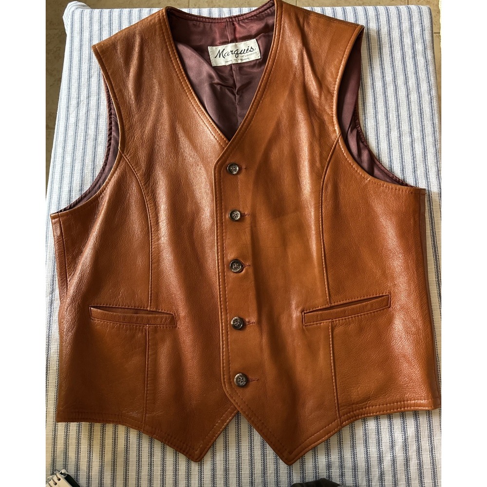 Vtg 1970s Marquis of London leather Cognac vest Biker waistcoat 38/Med Canada